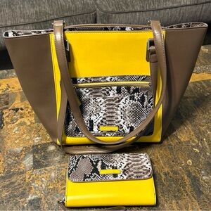Vera Bradley Ella Tote Faux Leather Bag & Wristlet Maize Yellow Brown Snakeskin